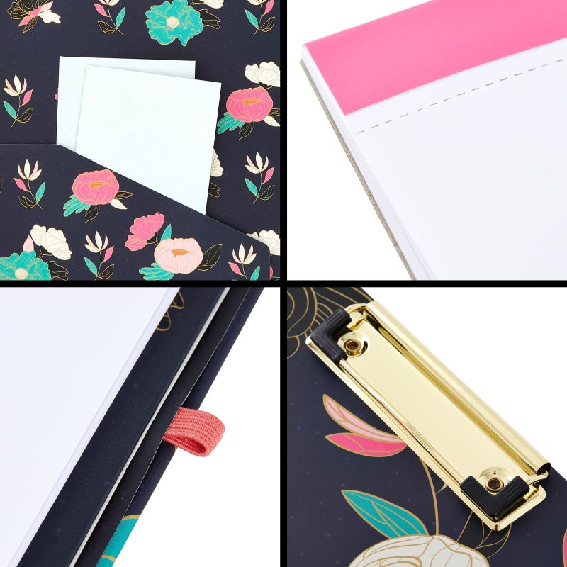 Paper Junkie Floral Clipboard Folder with Notepad & Storage - 13 x 9 in, Black Classic - Low-Profile Clip â€“ Interior Pocket & Pen Loop - Removable Letter-Size Notepad - Image 4